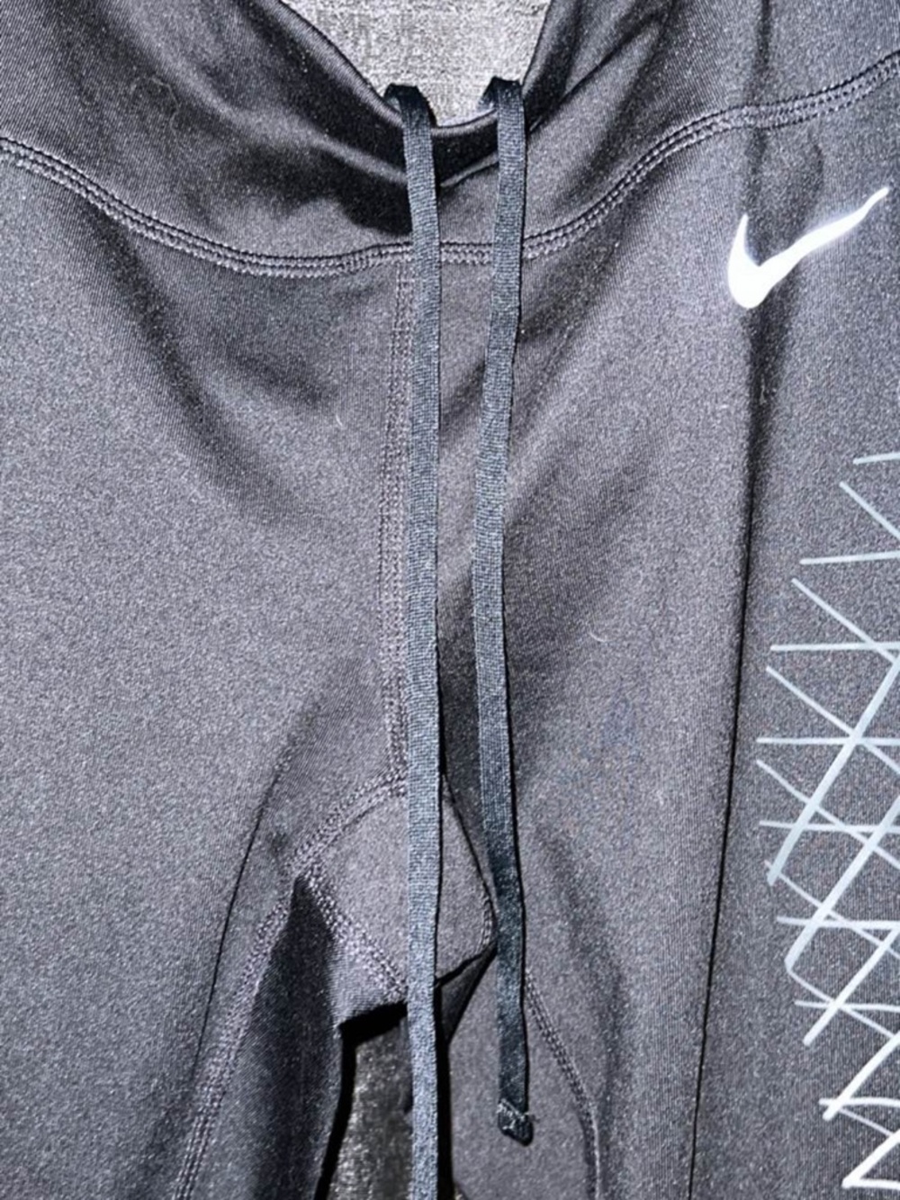 Nike Black Leggings with White Swoosh and Gray Geometric Panels